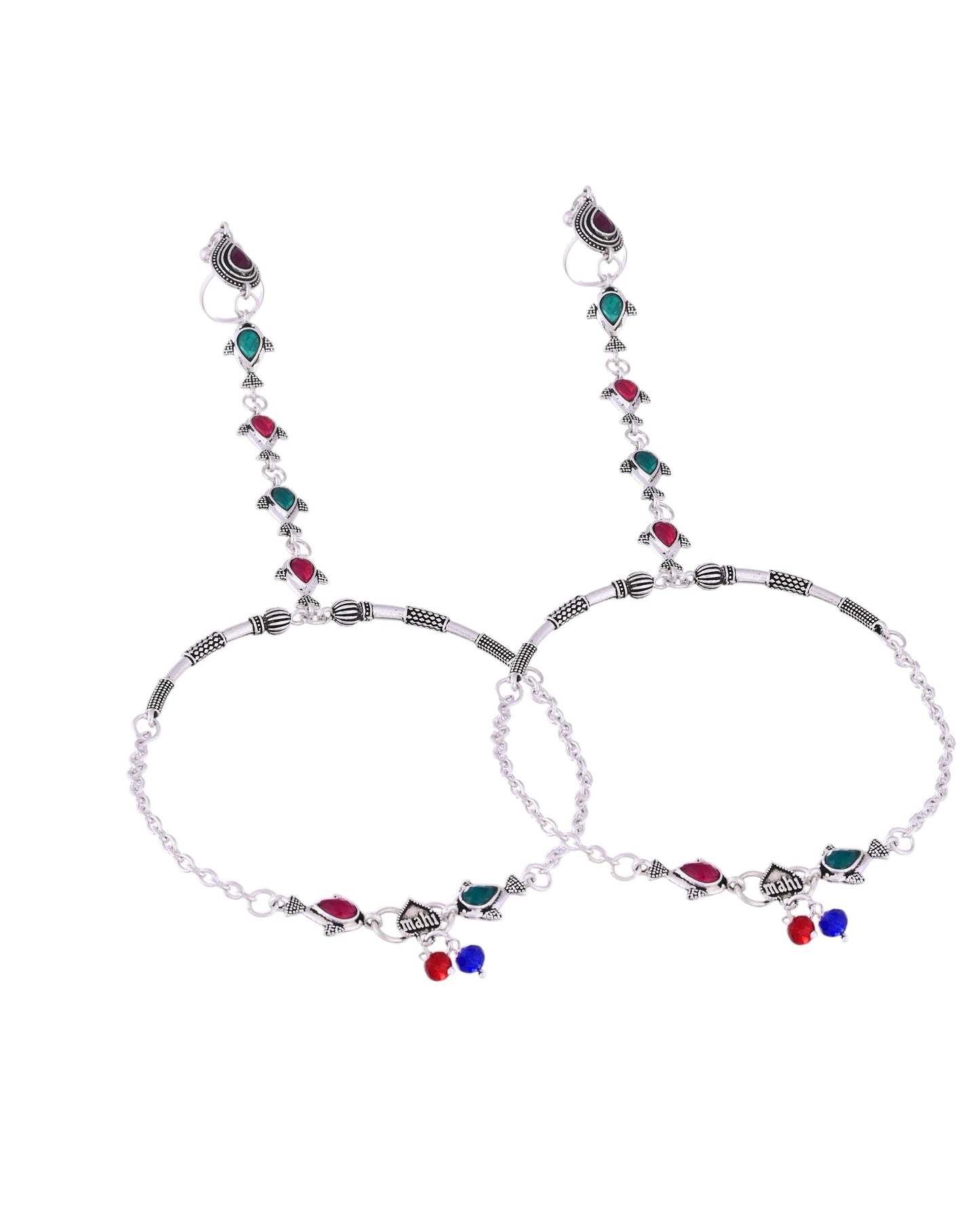 VOJ Set of 2 Silver Toned Meenakari Anklet With Toe Ring