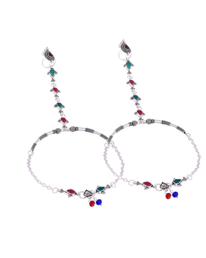 VOJ Set of 2 Silver Toned Meenakari Anklet With Toe Ring