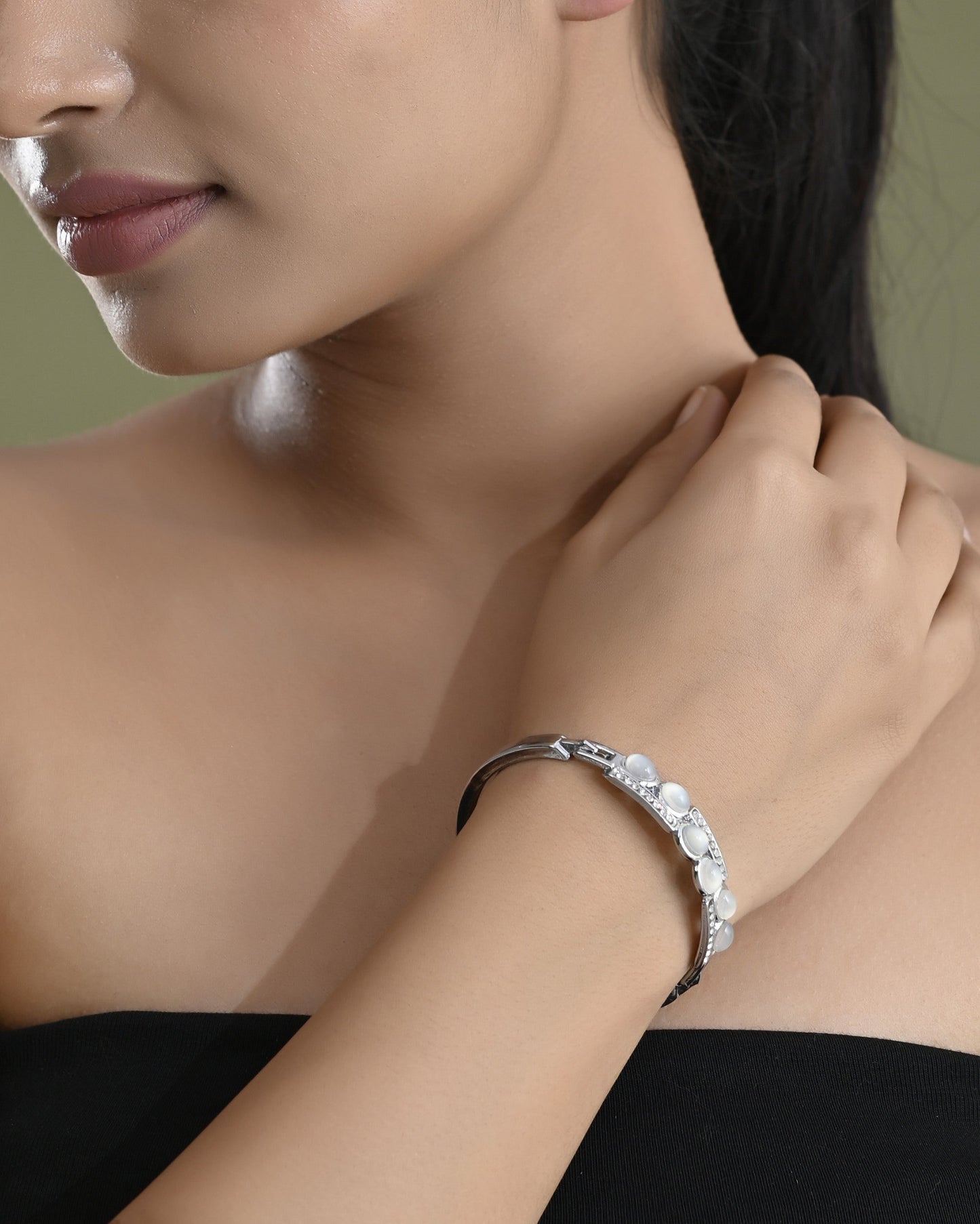 VOJ Silver Plated Stone Studded Kada Bracelet