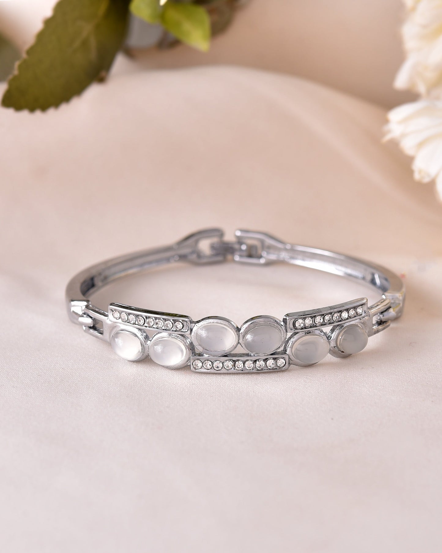 VOJ Silver Plated Stone Studded Kada Bracelet