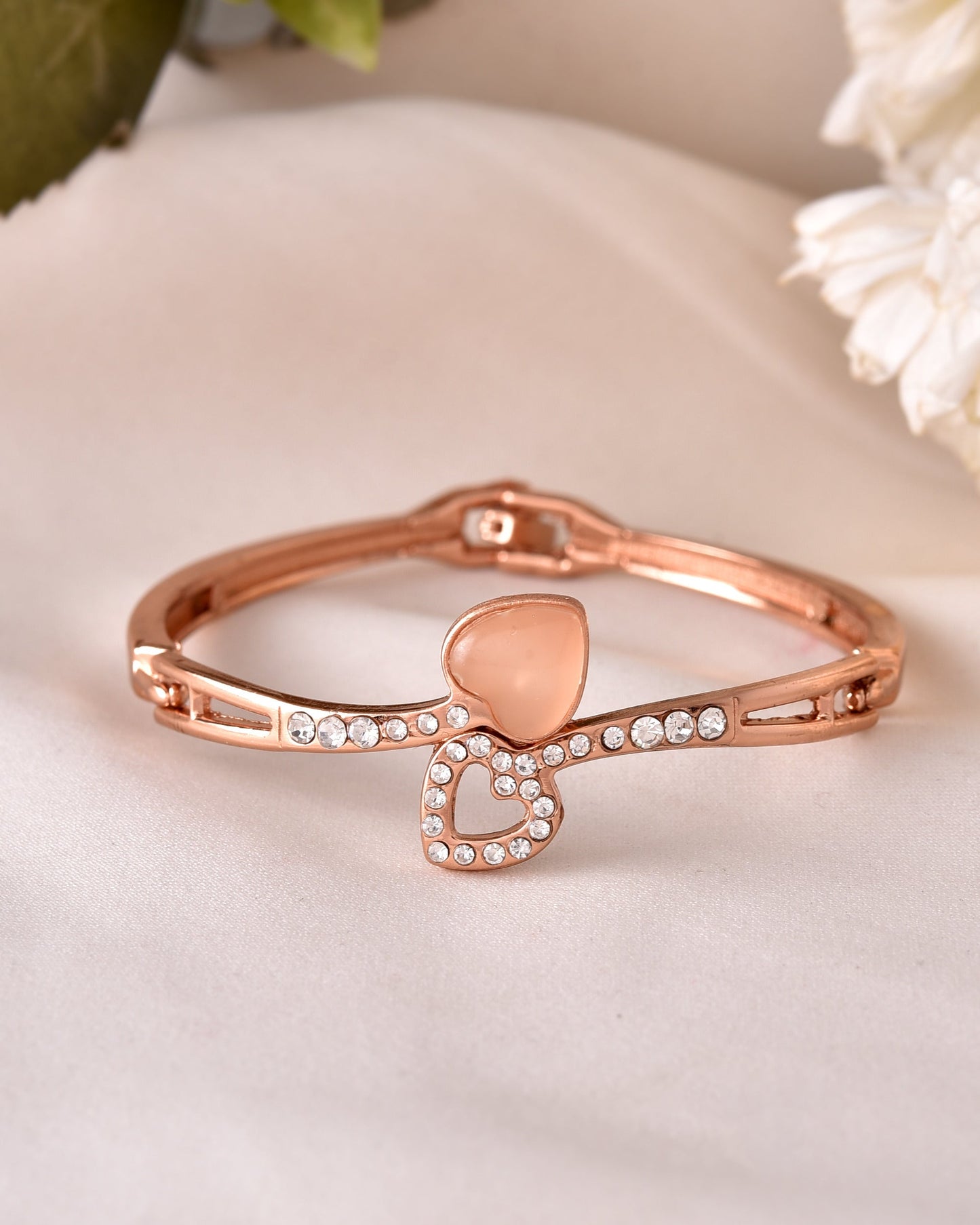 VOJ Gold-Polished Heart Shaped Stone Studded Kada Bracelet