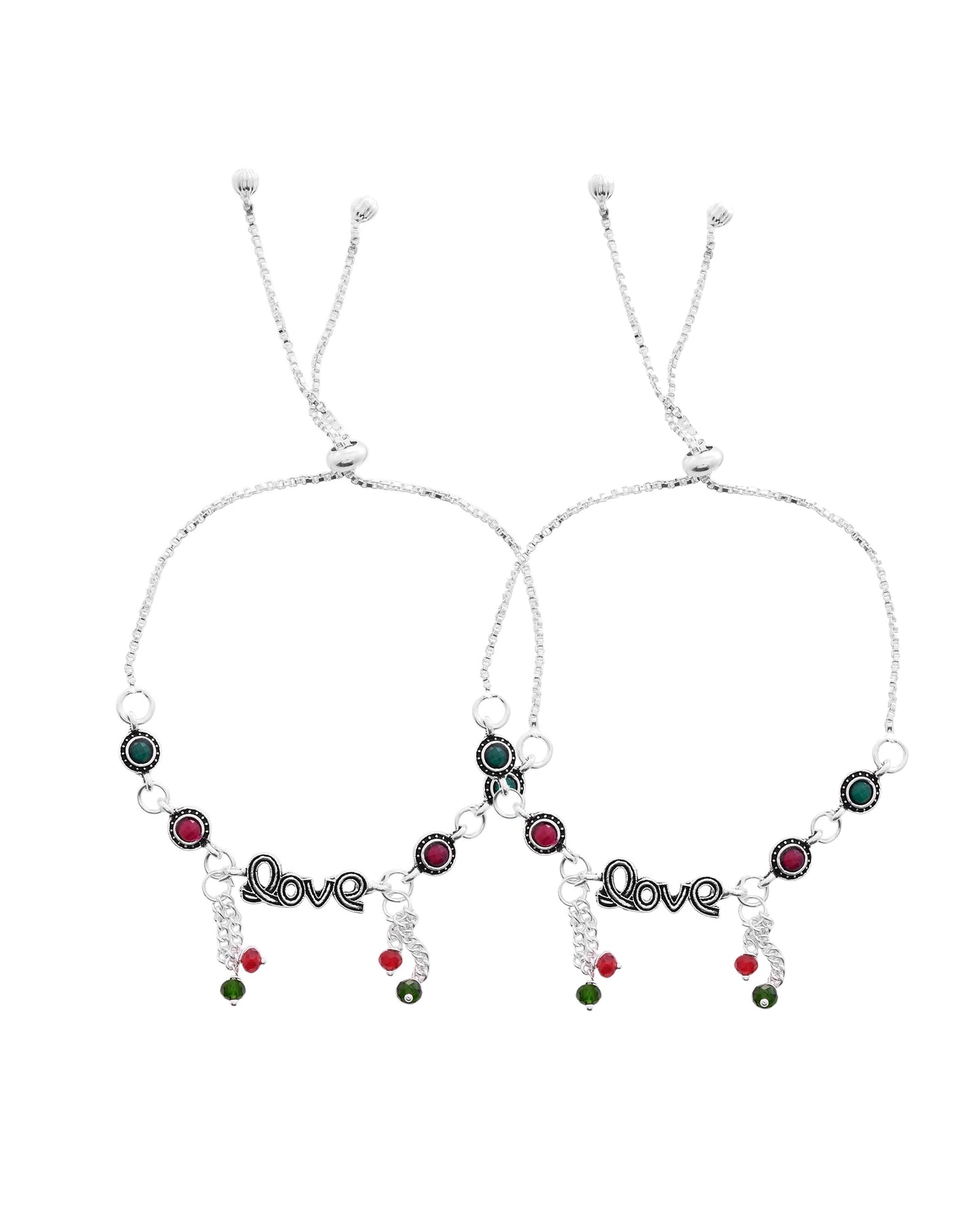 VOJ Set of 2 Silver Plated Love Meenakari Anklet