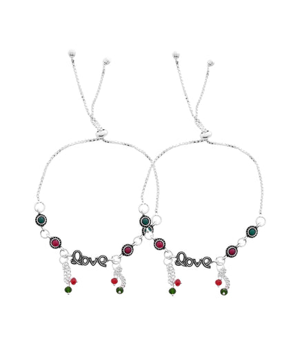 VOJ Set of 2 Silver Plated Love Meenakari Anklet