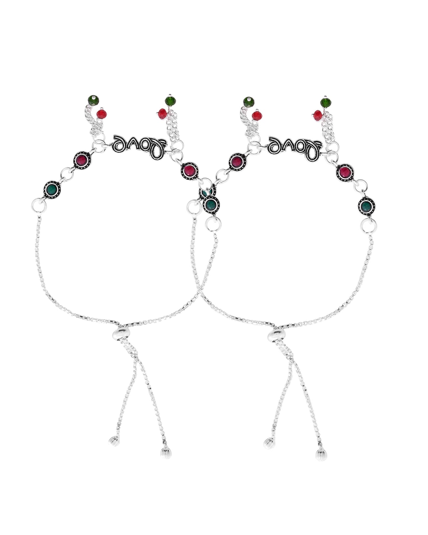 VOJ Set of 2 Silver Plated Love Meenakari Anklet