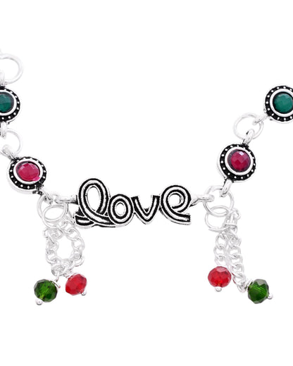VOJ Set of 2 Silver Plated Love Meenakari Anklet