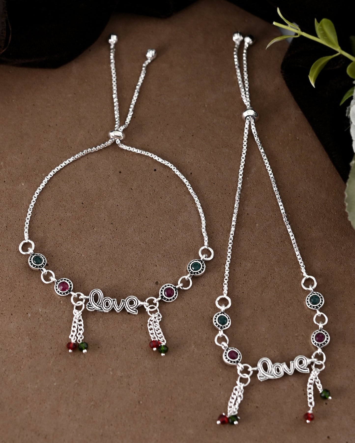 VOJ Set of 2 Silver Plated Love Meenakari Anklet