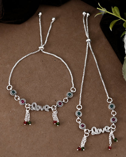 VOJ Set of 2 Silver Plated Love Meenakari Anklet