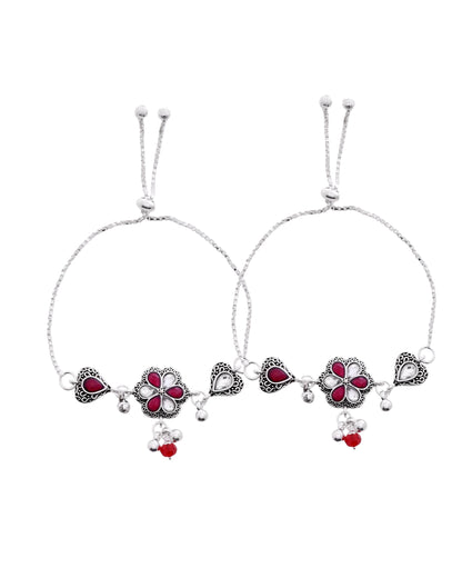 VOJ Set of 2 Silver Plated Floral Meenakari Anklet