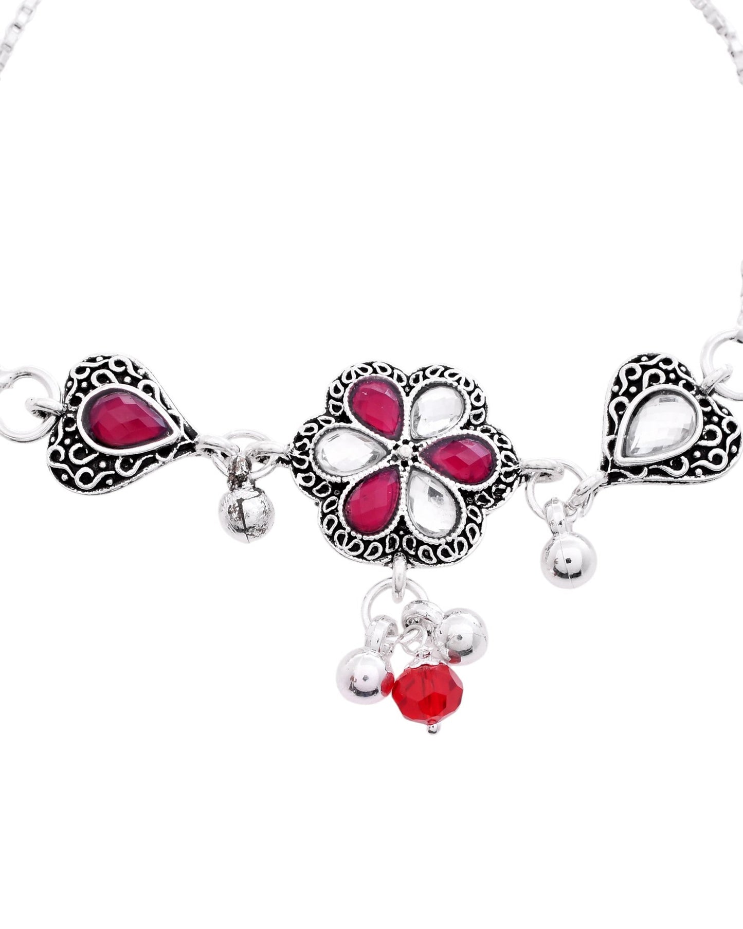 VOJ Set of 2 Silver Plated Floral Meenakari Anklet