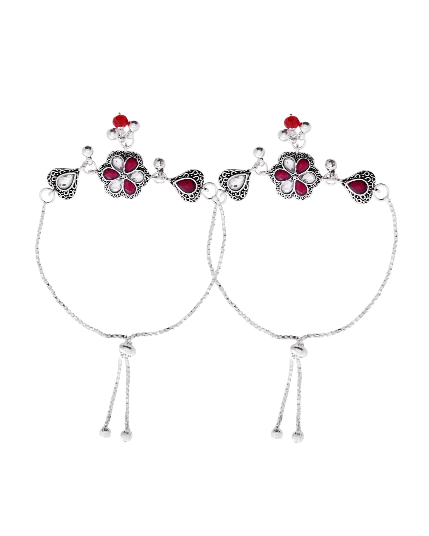 VOJ Set of 2 Silver Plated Floral Meenakari Anklet