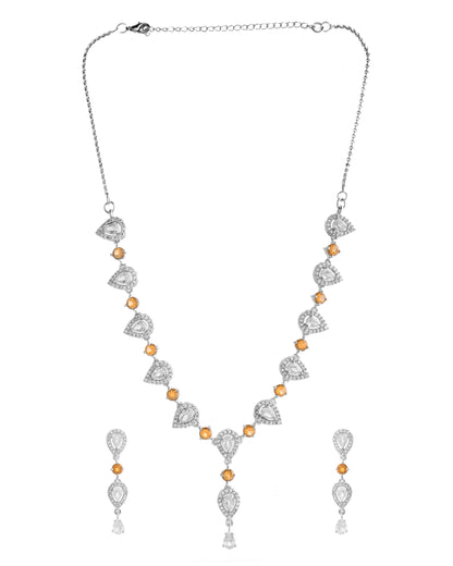 VOJ Silver Plated Yellow Stone Tear Drop Shaped AD Jewellery Set