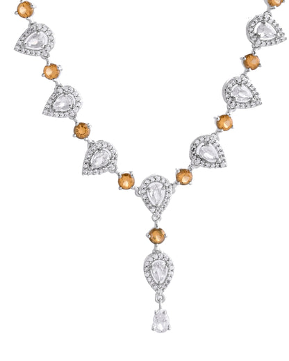 VOJ Silver Plated Yellow Stone Tear Drop Shaped AD Jewellery Set