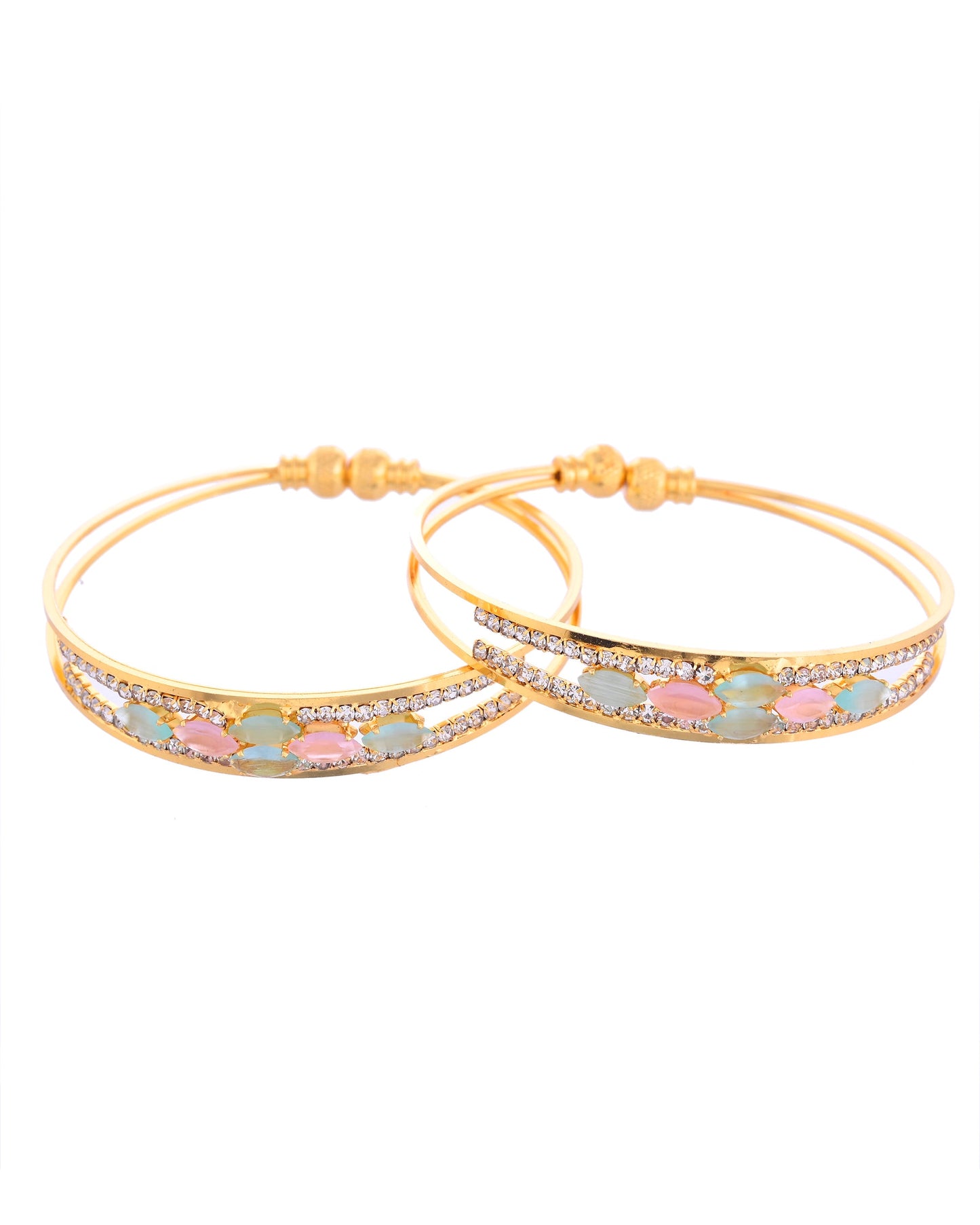 VOJ Set of 2 Gold-Polished Multi Colour Stones Bangles