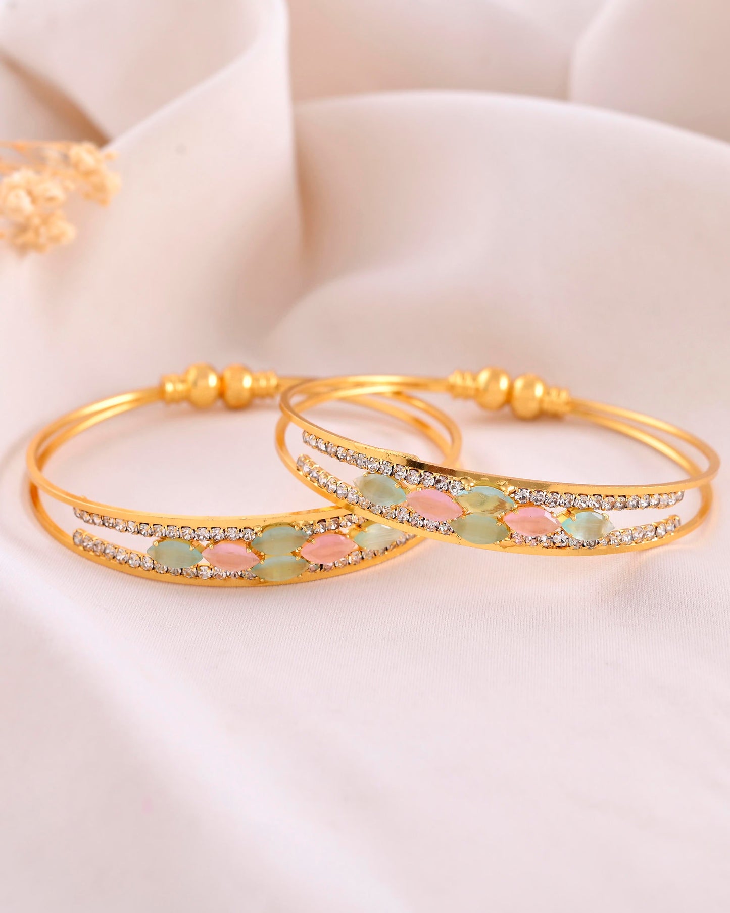 VOJ Set of 2 Gold-Polished Multi Colour Stones Bangles