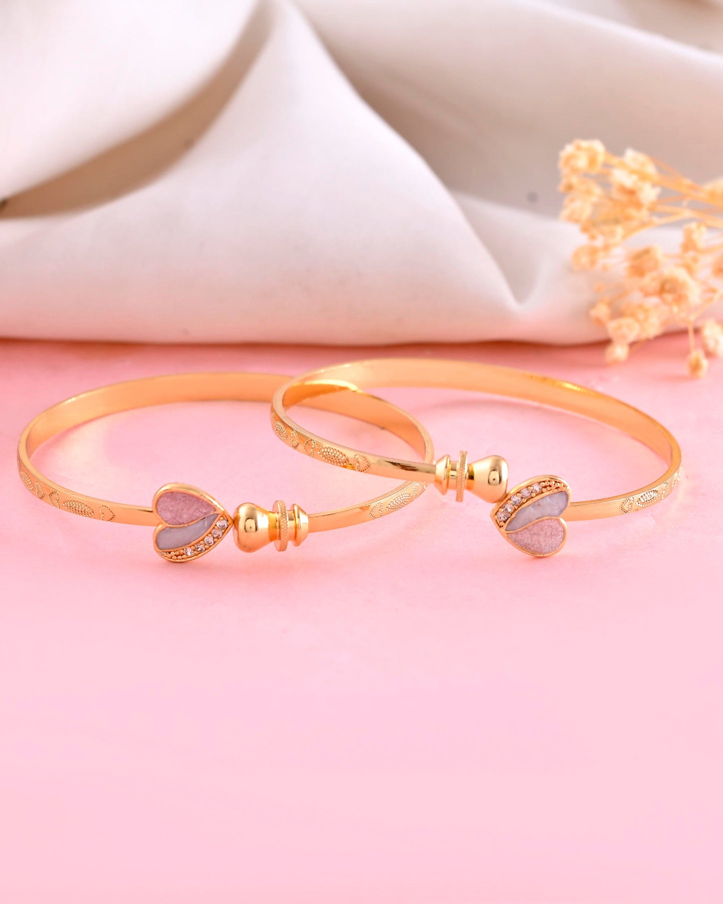 VOJ Set of 2 Gold-Polished Stone Studded Heart Shaped Bangles