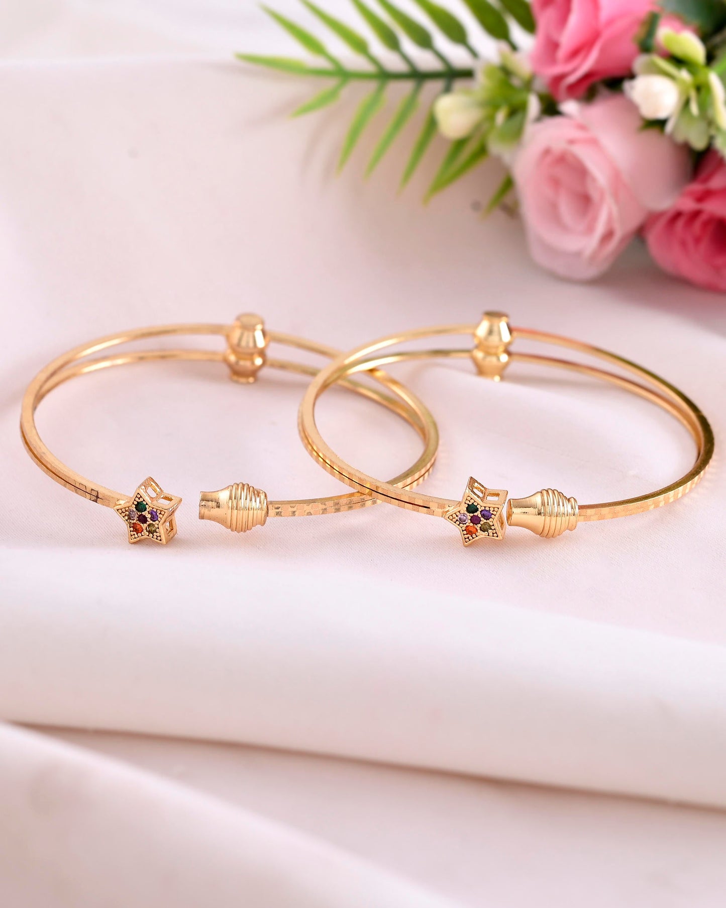 VOJ Set of 2 Gold-Polished Multi Colour Stone Studded Star Shaped Bangles