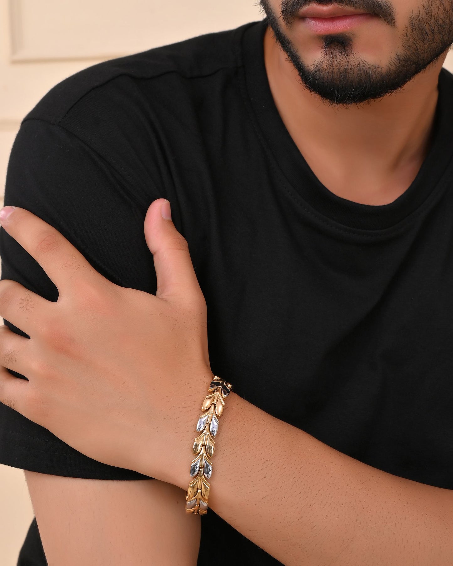 VOJ Gold Toned & Silver-Toned Stainless Steel Magnetic Wheat Chain Bracelet