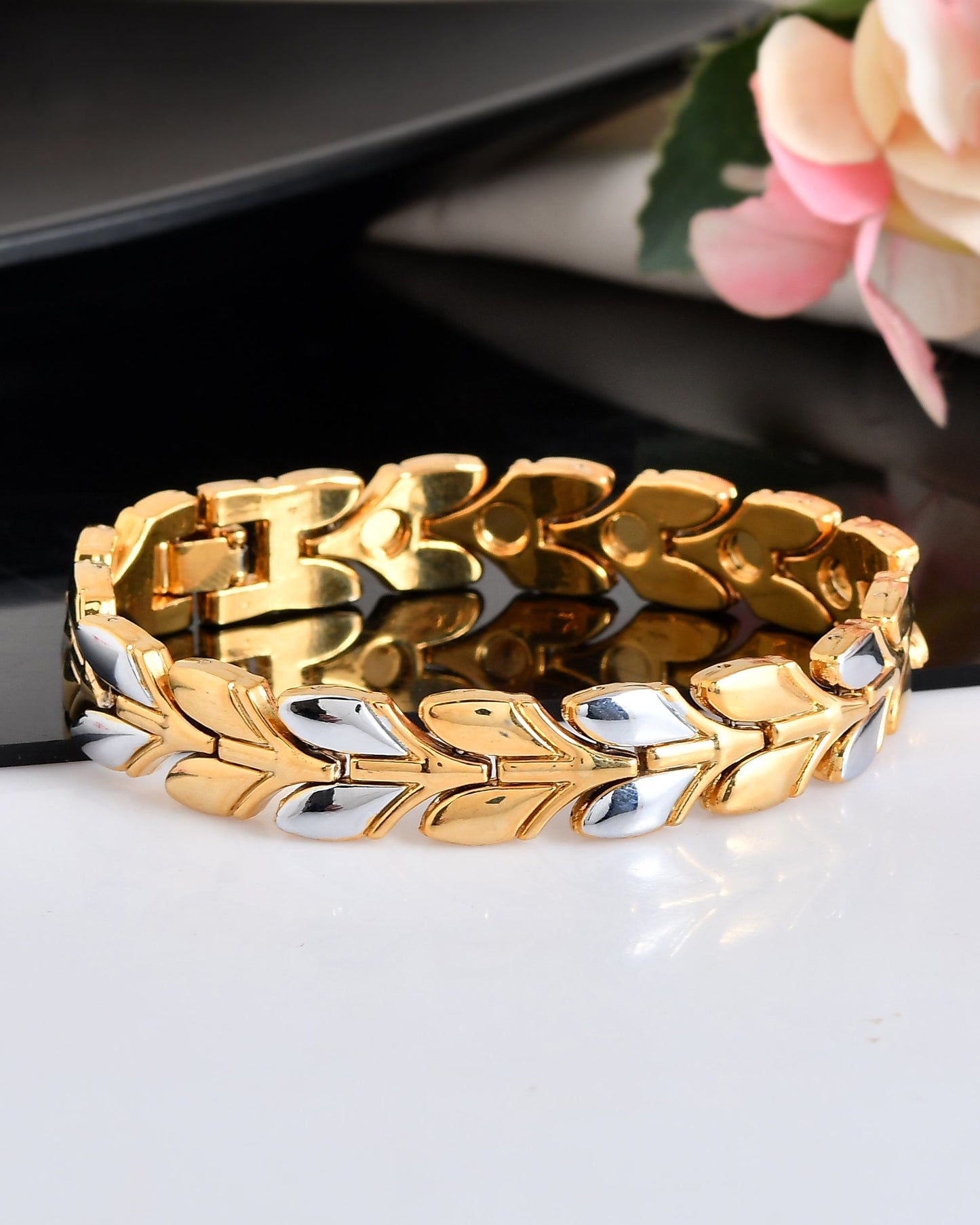 VOJ Gold Toned & Silver-Toned Stainless Steel Magnetic Wheat Chain Bracelet