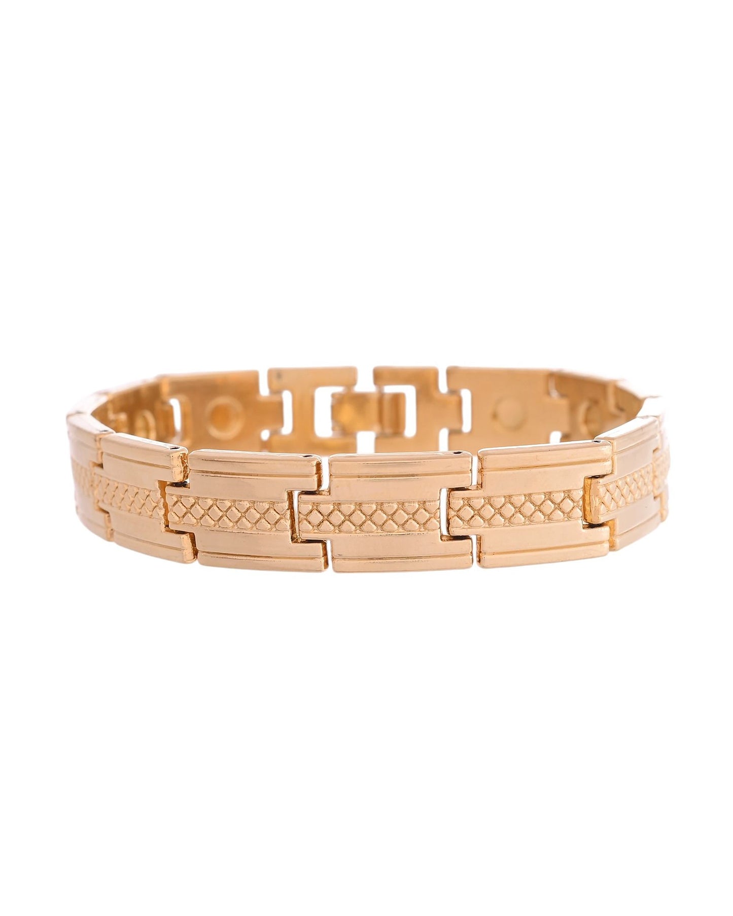 VOJ Men Gold-Toned Stainless Steel Grid Pattern Chain Bracelet