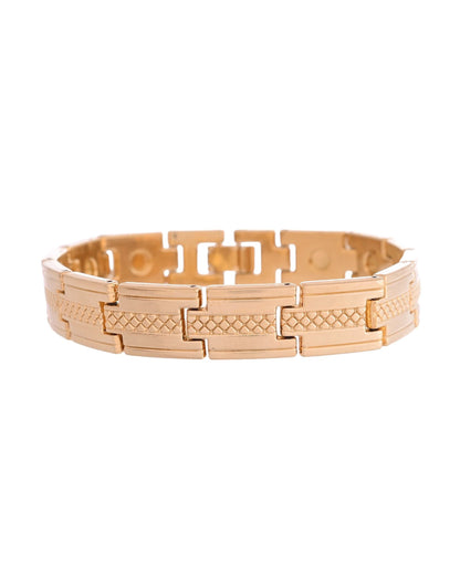 VOJ Men Gold-Toned Stainless Steel Grid Pattern Chain Bracelet
