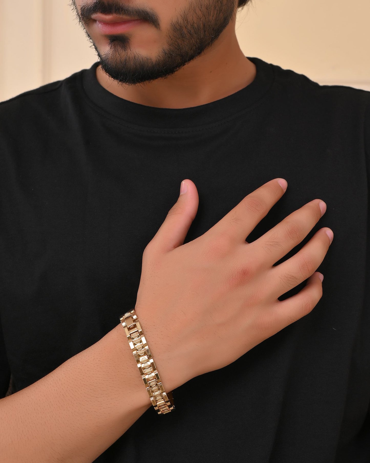 VOJ Men's Gold-Toned Textured Tungsten Steel Magnetic Bracelet