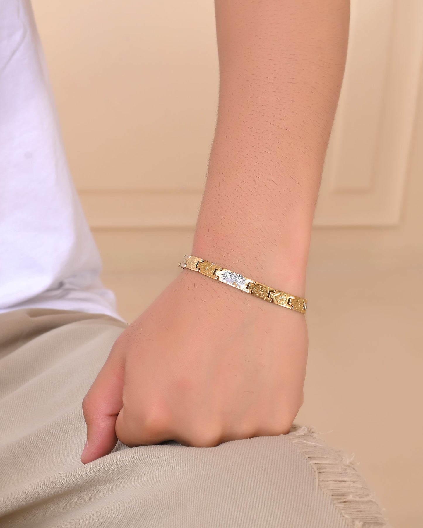 VOJ Gold And Silver Toned Stainless Steel Textural Bracelet For Men
