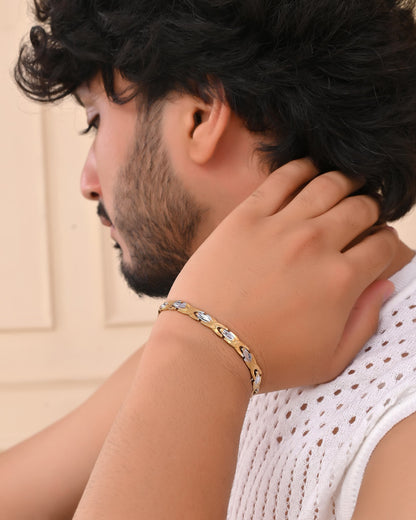 VOJ Gold And Silver Toned Stainless Steel Textural Linked Bracelet For Men