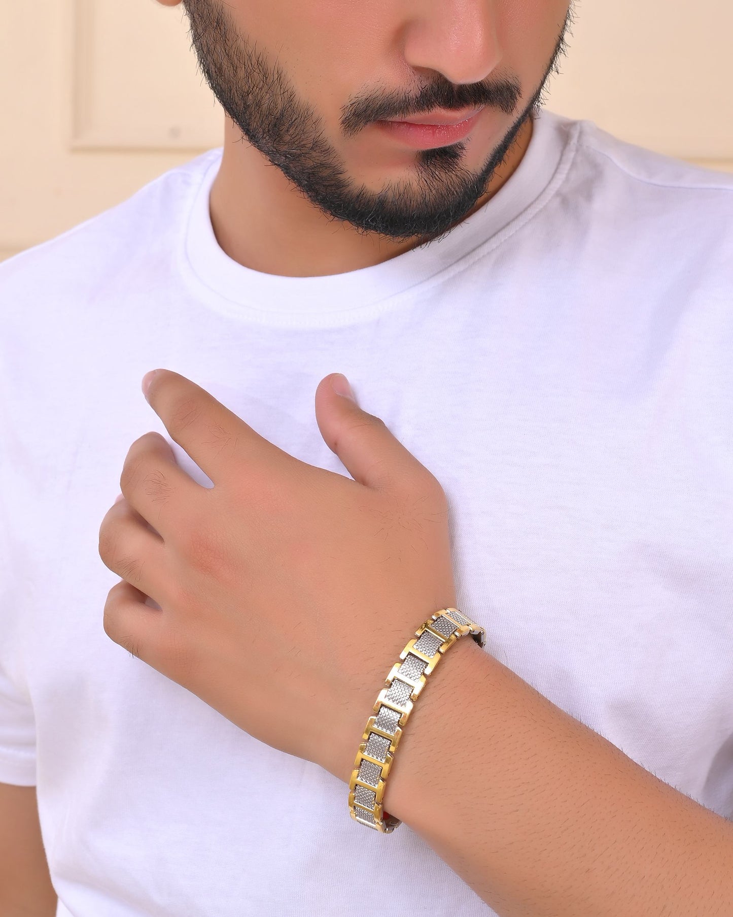 VOJ Silver And Gold Polished Stylish Geometrical Shaped Men's Bracelet