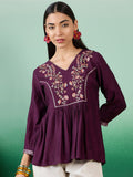 Sangria Women Floral Embroidered V-Neck Polycotton Top