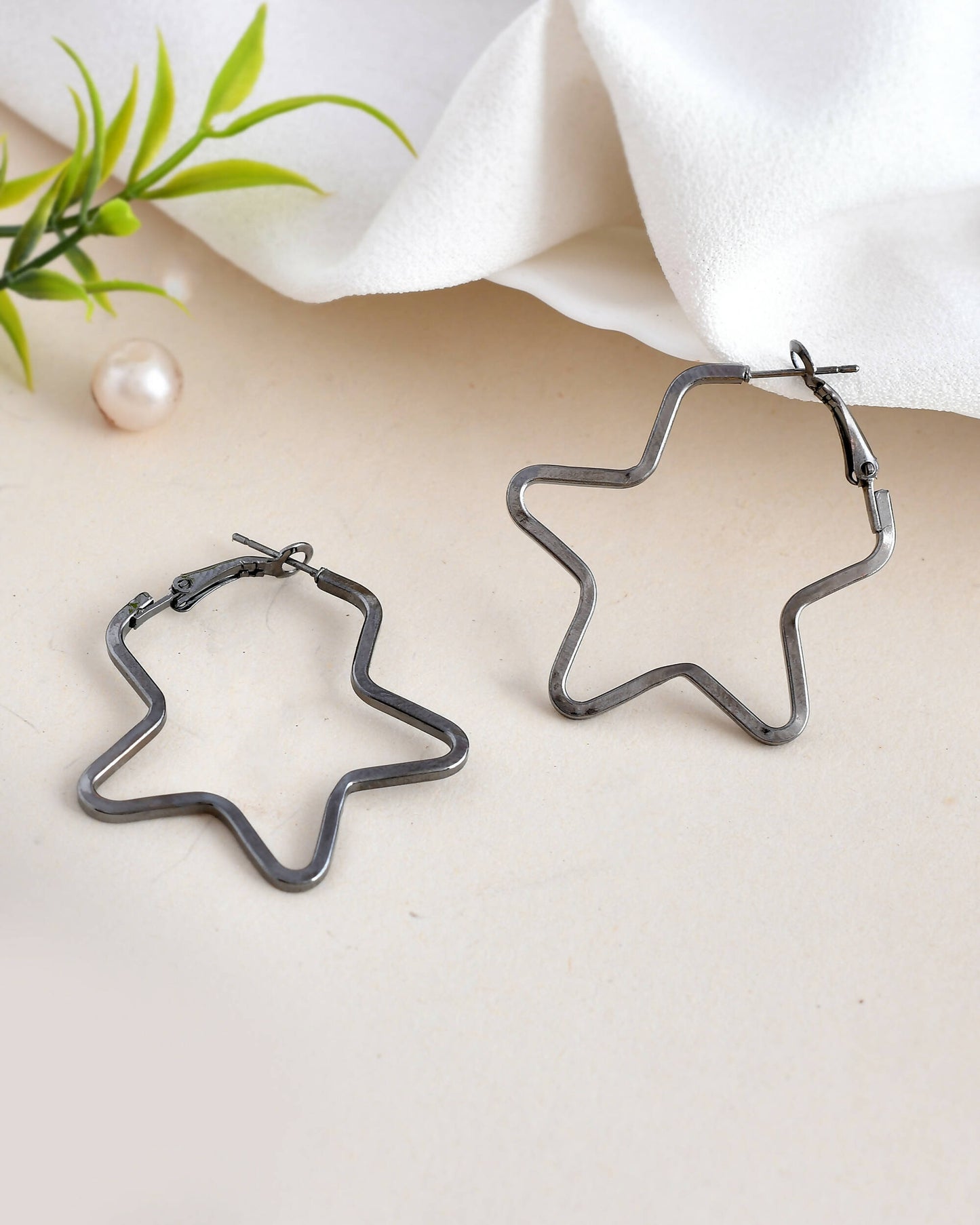 VOJ Women Rhodium Tonned Star Shape Stainless Steel Hoop Earrings