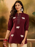 Sangria Women Embroidered Mandarin Collar Cuffed Sleeve Top
