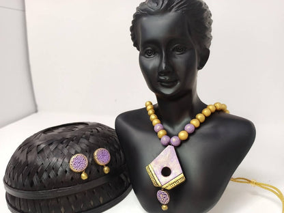 Terracotta Diamond Pendant Long Necklace Set With Studs-Lavender