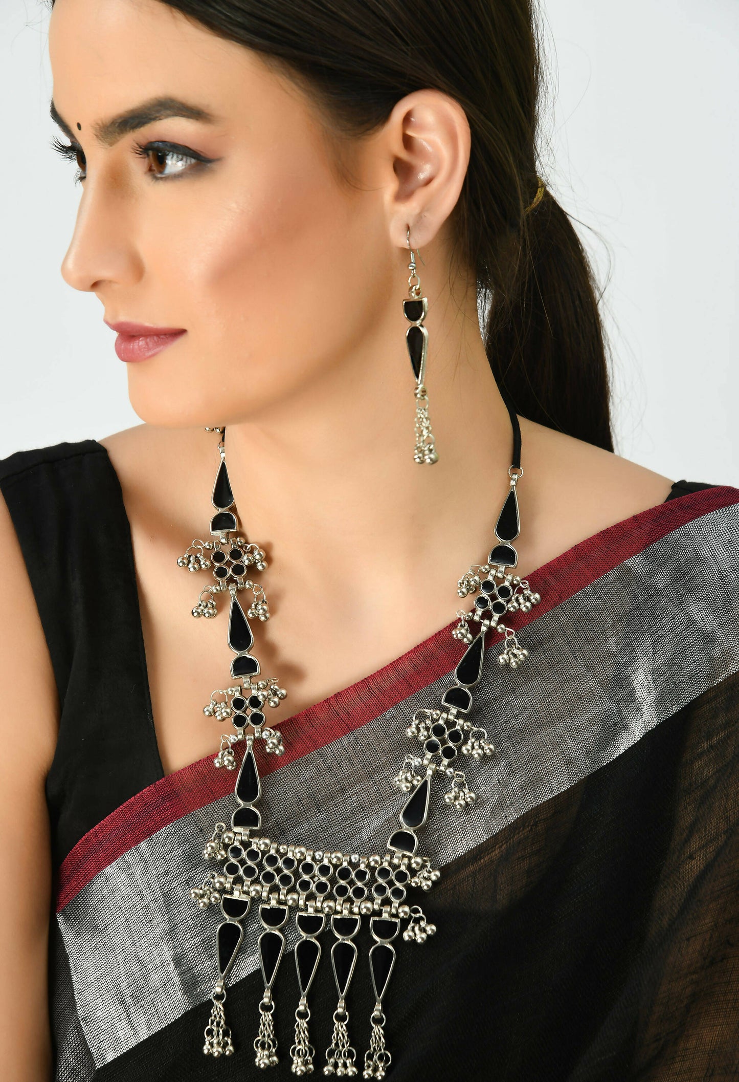 Mominos Fashion Johar Kamal Oxidised Silver-Plated Meenakari Long Necklace Set