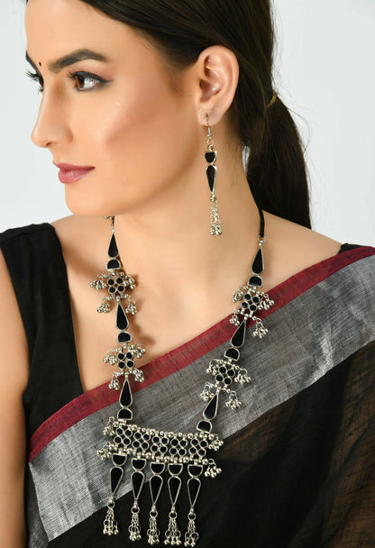 Mominos Fashion Johar Kamal Oxidised Silver-Plated Meenakari Long Necklace Set