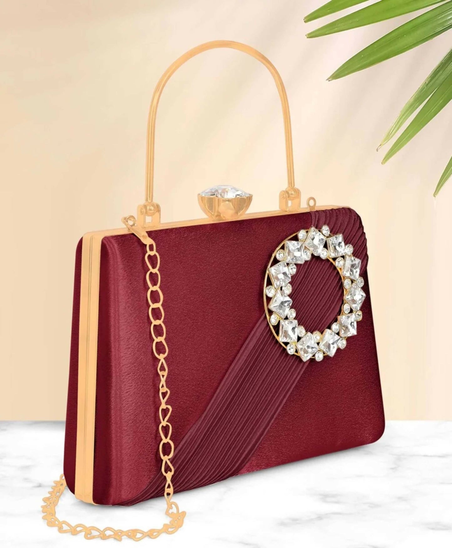 Joban Fashion Luxurious Satin Evening Clutch With Detachable Chain Strap - Maroon