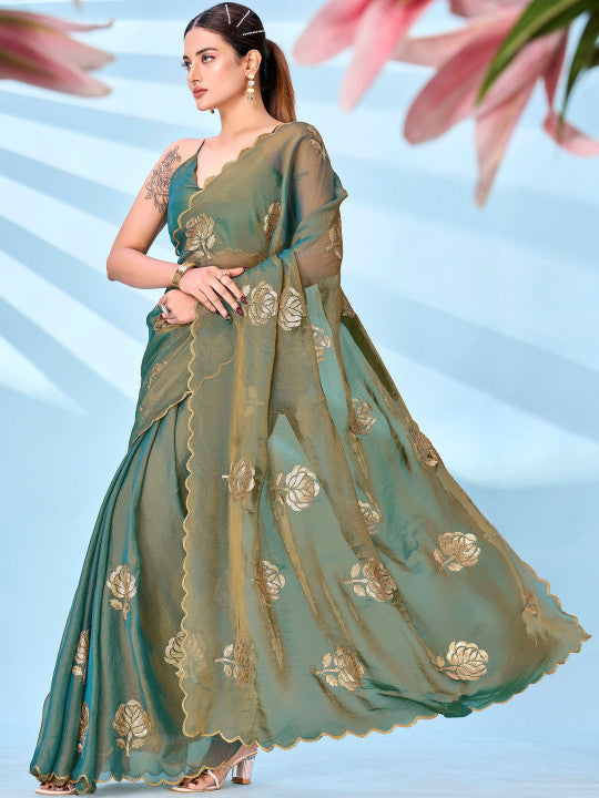 Tikhi Imli Floral Sequinned Embellished Satin Heavy Work Saree with Blouse Piece