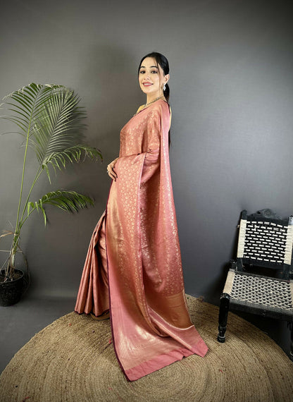 Joban Fashion Dusty Pink  Floral & Paisley Motifs Soft Satin Silk Banarasi Saree