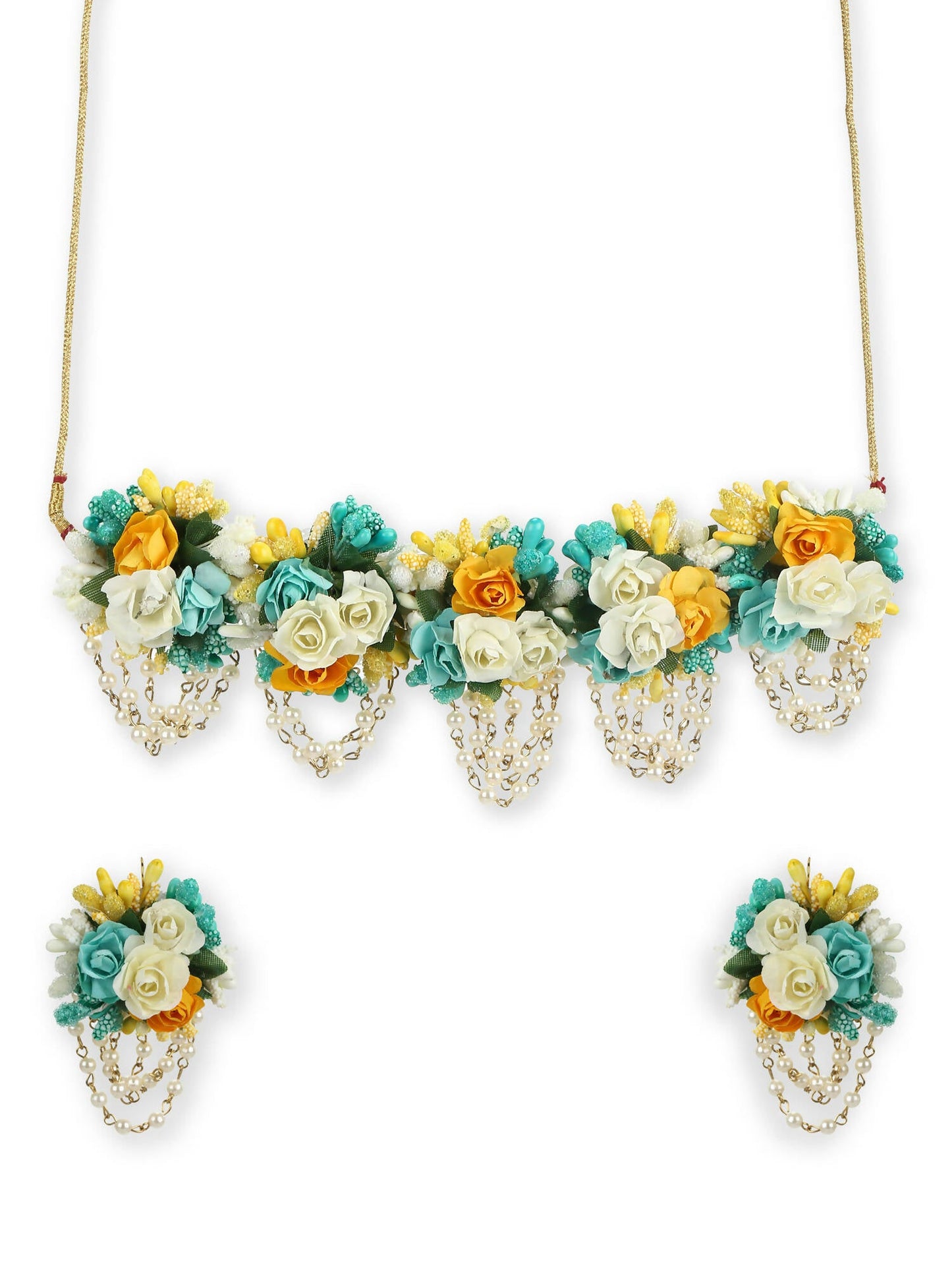 Flower Jewellery Gold-Polished Turquoise Blue Floral Jewellery Set - Ruby Raang