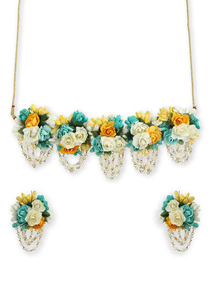 Flower Jewellery Gold-Polished Turquoise Blue Floral Jewellery Set - Ruby Raang