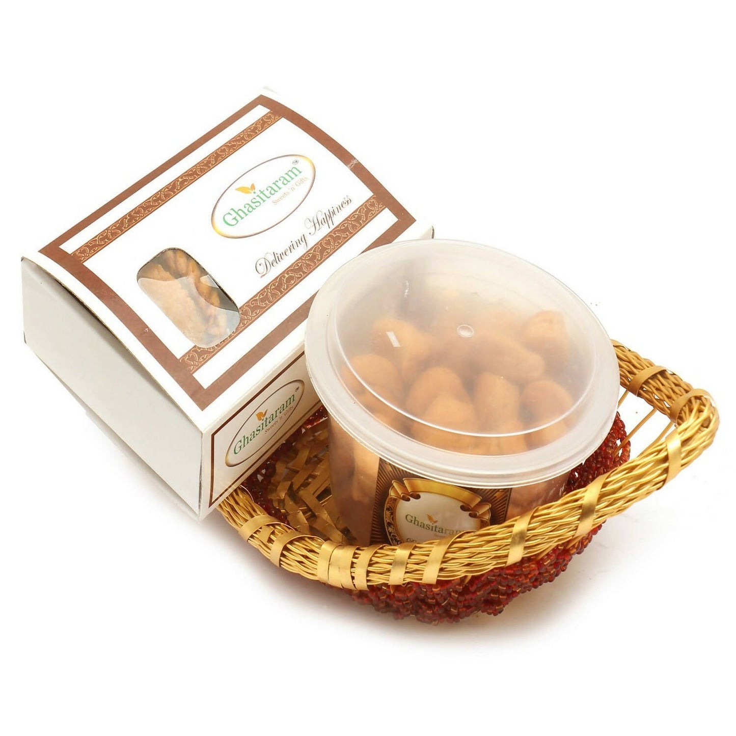 Ghasitaram Holi Hampers: Boat basket of Gujiya and Mini Gujiya Namkeen