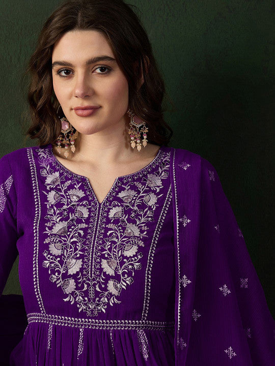Sangria Zari Sequence Embroidered Naira Cut Kurta With Trousers & Dupatta
