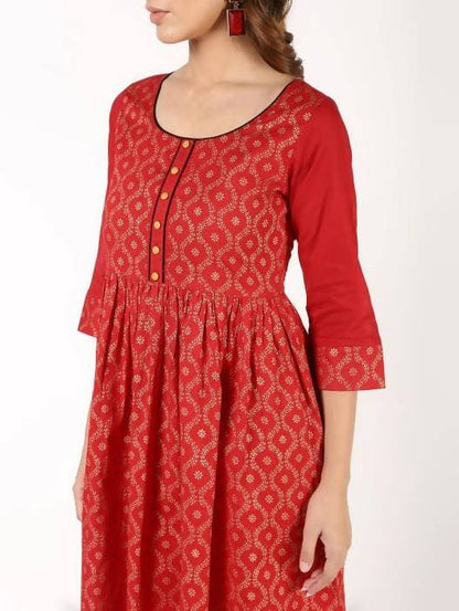 Aniyah Cotton Block Print Flared Kurta In Red (AN-151K)
