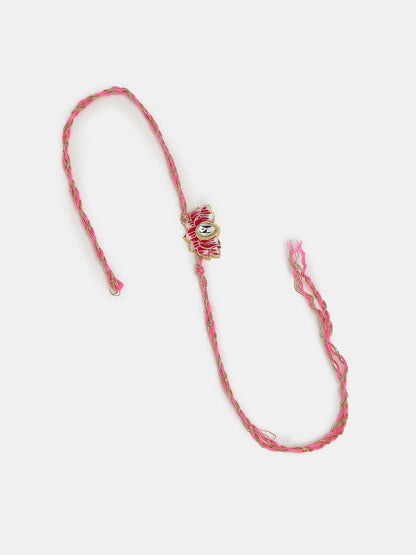 NVR Women & Men Set of 2 Pink Lotus Shape Kundan Stone-Studded & Beaded Bhaiya Bhabhi Rakhi With Roli Chawal