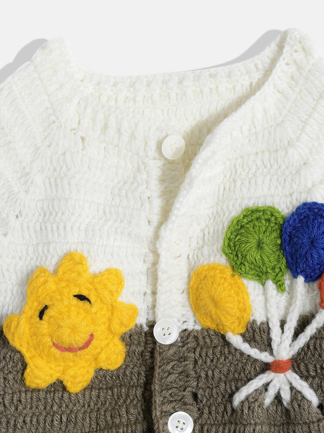 Chutput Kids Woollen Hand Knitted Full Sleeves Balloon Detail Colorblocked Sweater For Baby Boys With Striped Cap - Brown