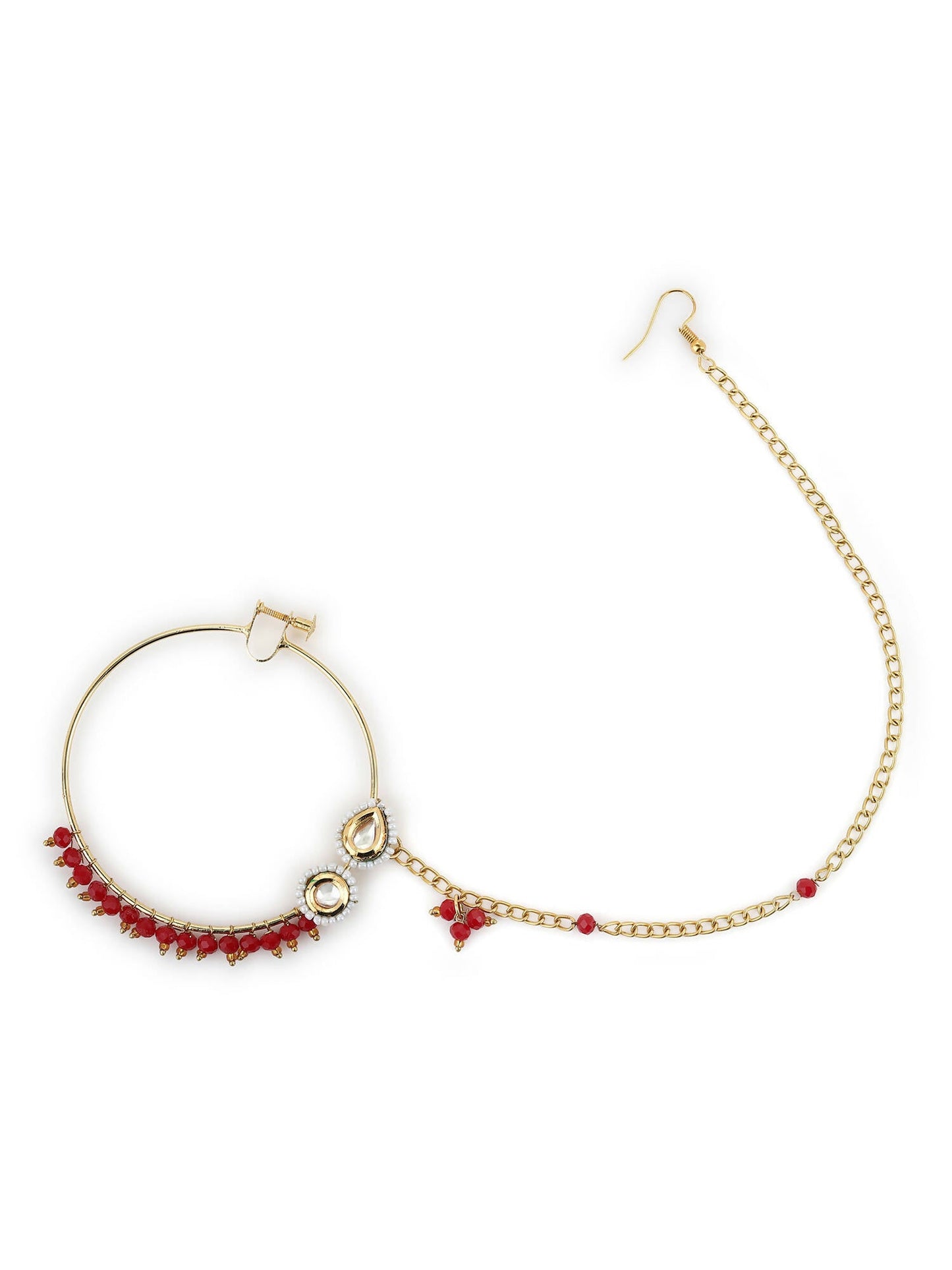 Gold-Polished White Red Kundan-Studded Pearl Beaded Nosepin - Ruby Raang