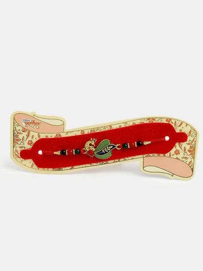 NVR Men Set of 4 Multicolor Radha Krishna & Peacock Design Rakhi With Roli Chawal & Chocolate