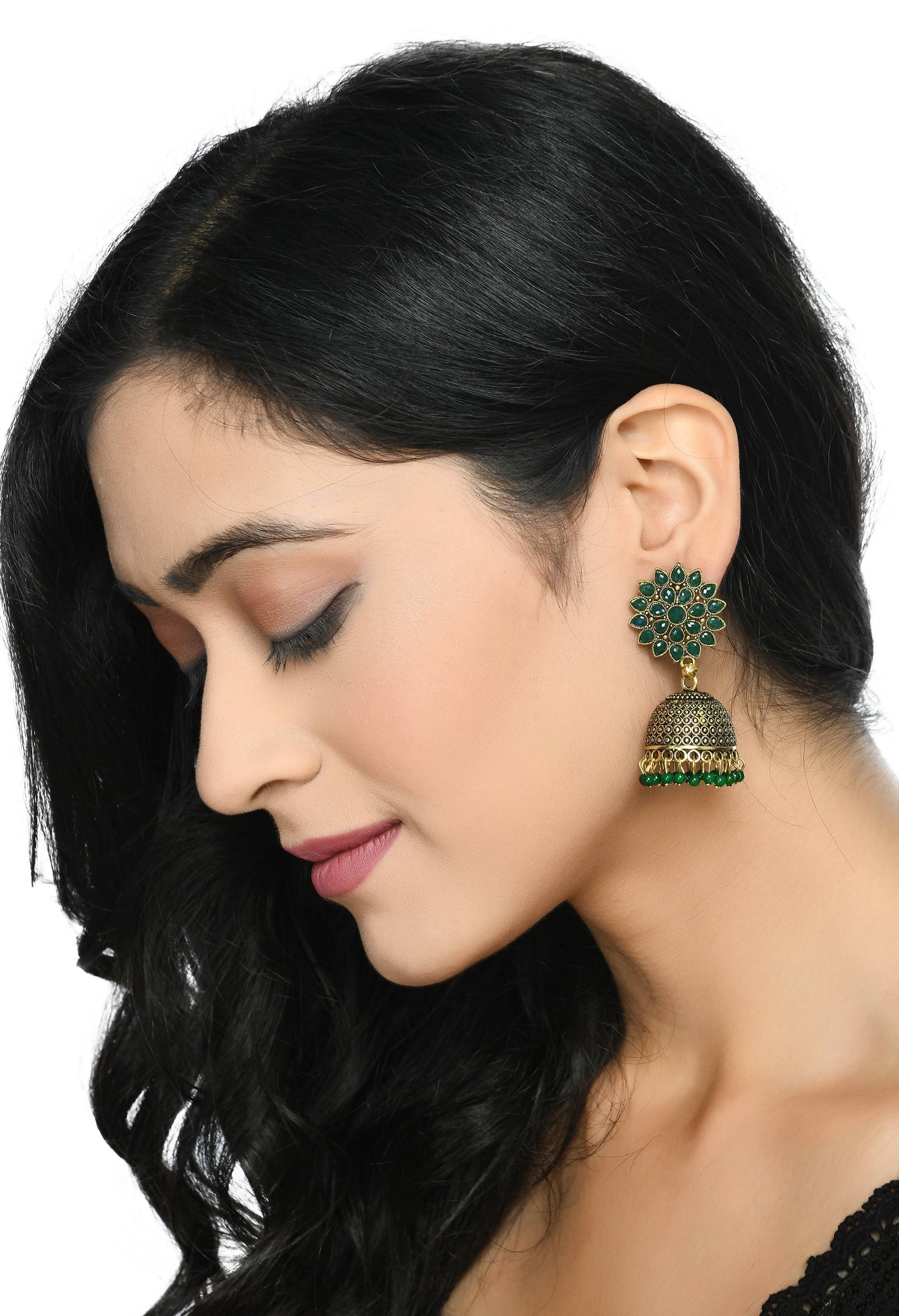 Mominos Fashion Johar Kamal Beautiful Kundan Work Jhumka With Green Beads