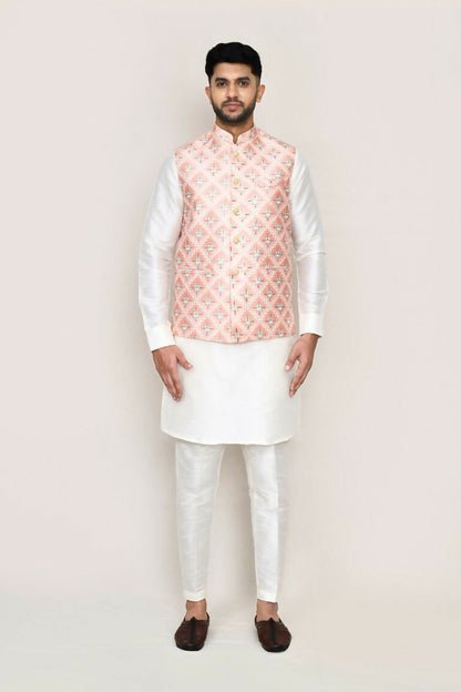 Joban Fashion White Colored Art Silk Fabric Kurta, Jacket With Straight Fit Pant