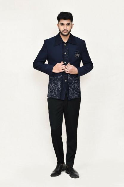 Joban Fashion Blue Colored Terry Rayon Based With Geometry Work Fabric Open Prince Coat, Jacket With Pant