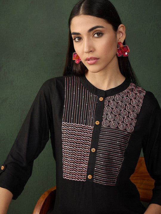 Sangria Women Ethnic Motifs Embroidered Mandarin Collar Top